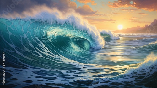 Dolphins gracefully leaping and twirling in a beautifully rendered ocean setting  complete with realistic waves.