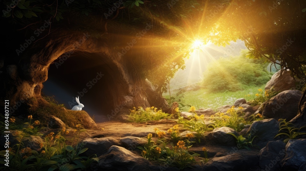 Sacred sunrise! Our image illustrates the Resurrection, featuring a light-filled empty tomb, crucifixion, and divine sunrise