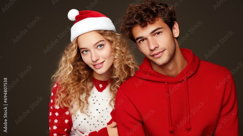 closeup of young couple in stylish Christmas clothes, one color background, copy space - generative ai closeup of young couple in stylish Christmas clothes, one color background, copy space - generative ai