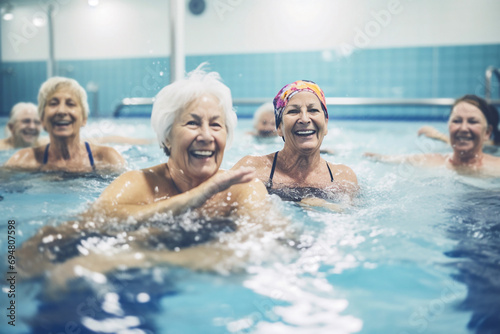 Active senior women enjoying water aerobics class in the swimming pool, joyful and healthy © Рика Тс