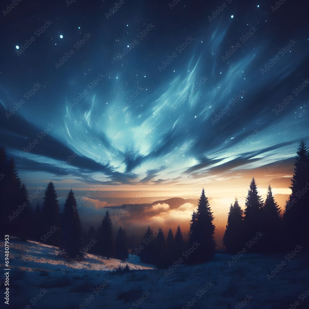 Tranquil night sky scene featuring clear weather, adorned with a unique color palette and gentle clouds. The celestial beauty of stars and the moon is enhanced by the added visual interest of vibrant 