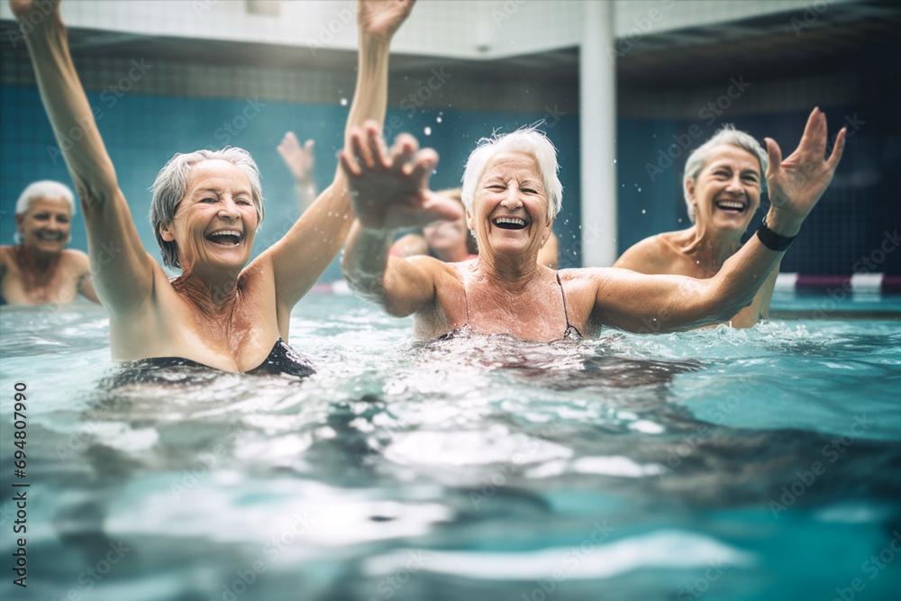 Active senior women enjoying water aerobics class in the swimming pool, joyful and healthy