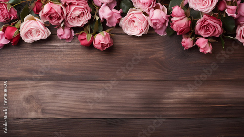 Romantic Background with Roses on Wooden Table. Valentine's Day mock up. © Voysla