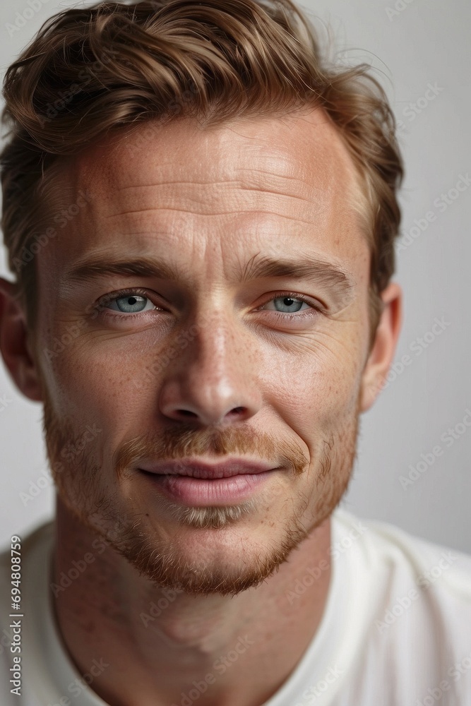 A close-up portrait of a handsome 40-year-old man with short hair, blue eyes, beard and mustache looking at the camera on a gray background. A close-up portrait of a handsome 40-year-old man with short hair, blue eyes, beard and mustache looking at the camera on a gray background.