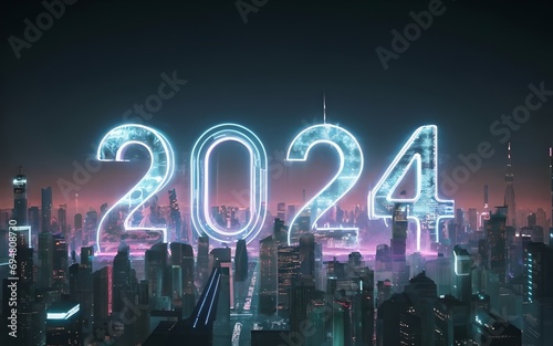 2024 A Neon-Drenched Futuristic City Welcomes the New Year