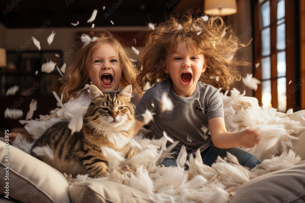 Playful siblings having a pillow fight surrounded by their curious cats and dogs, lively family moment