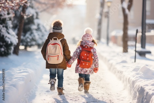 Two children with backpacks walk to school along a snowy path © Nino Lavrenkova
