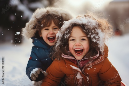Playful kids sledding down a snowy hill, rosy-cheeked and full of winter joy