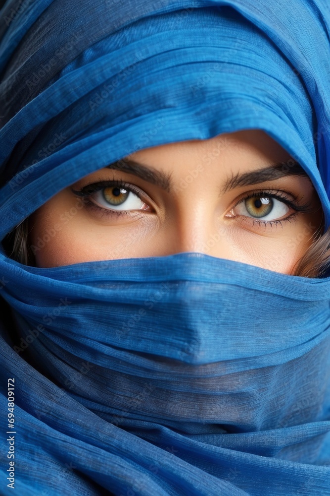 Naklejka premium Close-up portrait of a beautiful Arab Muslim woman wearing a blue hijab. Only the eyes and direct gaze into the camera are visible.