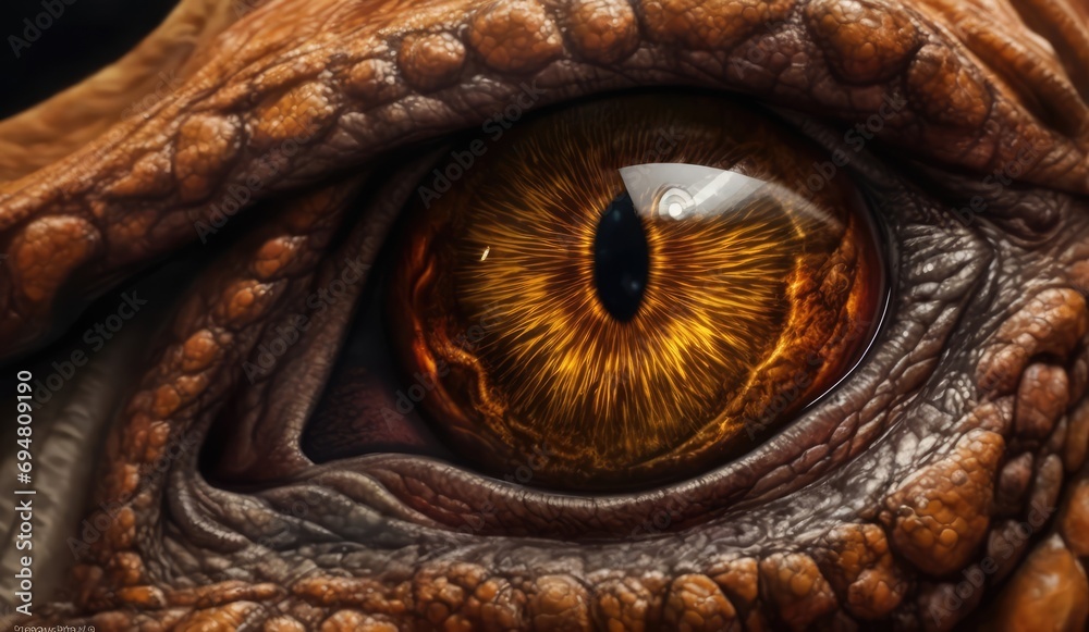 The eye, iris of fire dragon, crocodile, wild animal. The gaze of the devil. Close-up, macro shot.