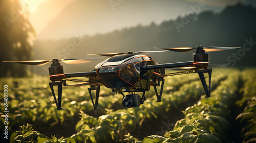 Drone flying over a green field with yellow flowers and cloudy sky.Drone flying over a green grass field with cloudy sky in the background.Advanced Agricultural Drone Against Sky for Precision.Ai © Impress Designers
