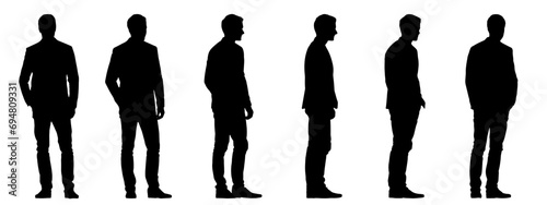 Vector concept conceptual black silhouette of a men standing, hands in pockets  from different perspectives isolated on white background. A metaphor for confidence, fashion, business and lifestyle