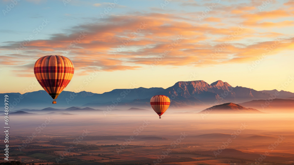 Colourful hot air balloons flying over the mountain in the haze at dawn. Travel concept. Generative AI Colourful hot air balloons flying over the mountain in the haze at dawn. Travel concept. Generative AI