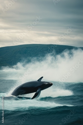 A humpback whale jumps out of the water and splashes the ode, creating waves in the sea. Nature, ocean, wildlife, travel concepts.