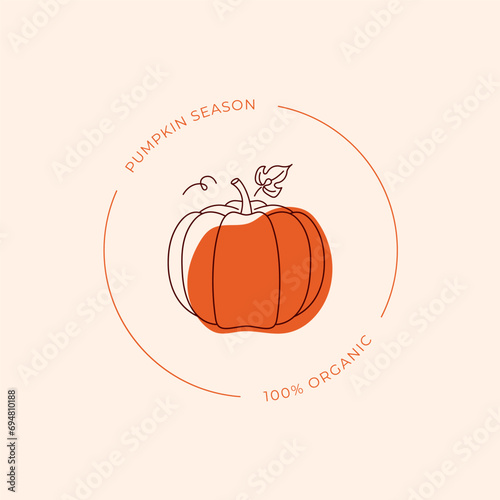 Pumpkin line drawing. Autumn season. Template for autumn decoration. Vector illustration. Logo in trendy linear style.