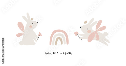 Cute Cartoon Little Bunny Fairy in magic world.