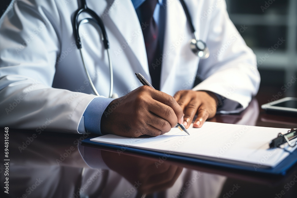 Hands of general practitioner filling paper medical records Hands of general practitioner filling paper medical records