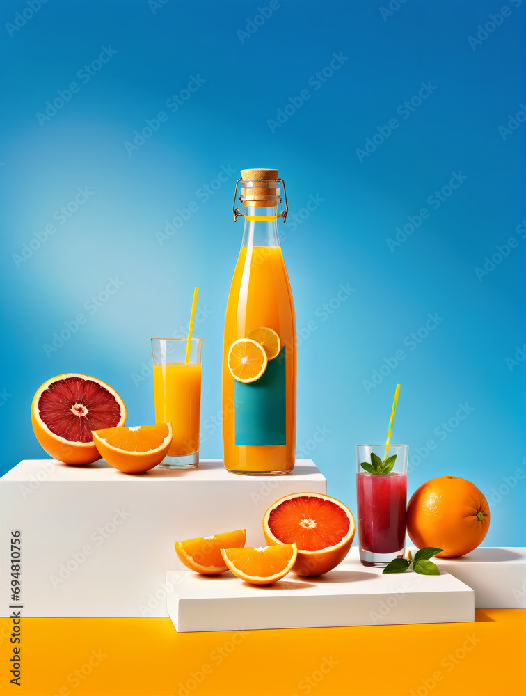 A Vivid Still Life Painting of Citrus Fruits and a Refreshing Beverage A Vivid Still Life Painting of Citrus Fruits and a Refreshing Beverage