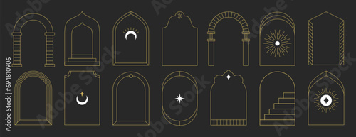 Boho mystic arch frame set with sun, moon, sparkles and stairs in trendy minimal liner style. Vector bohemian borders different shapes with mystical elements. Celestial esoteric frames line art.