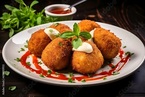 Close-up of a plate of fried meatballs with ketchup and mayonnaise on a wooden table
