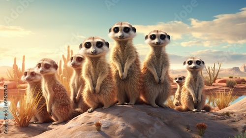 Meerkats standing upright in a meticulous 3D-rendered desert environment, showcasing their social and curious nature.