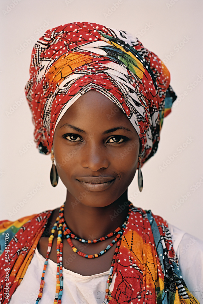 a woman with a colorful head scarf and necklaces