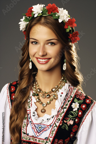 a woman in a traditional costume smiles for a picture photo