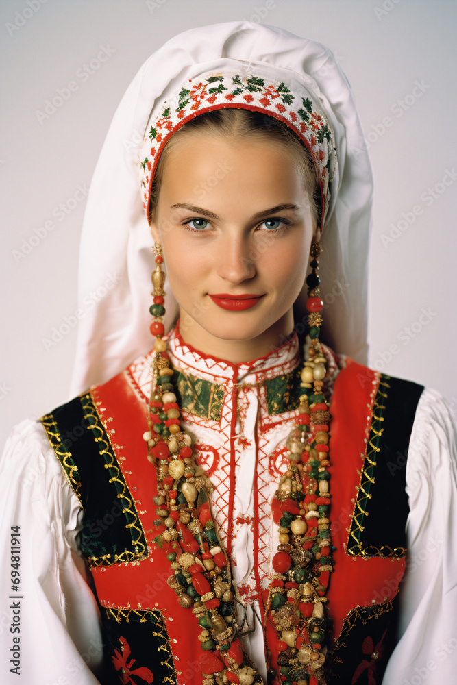 a woman in a traditional costume with a necklace and earrings