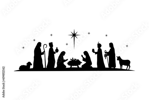 Silhouette Christmas christian nativity scene, illustration Birth of Christ, Christmas Manger scene with baby jesus