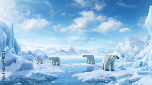 Polar bears navigating a digitally created Arctic landscape, complete with icebergs and snow-covered terrain. photo