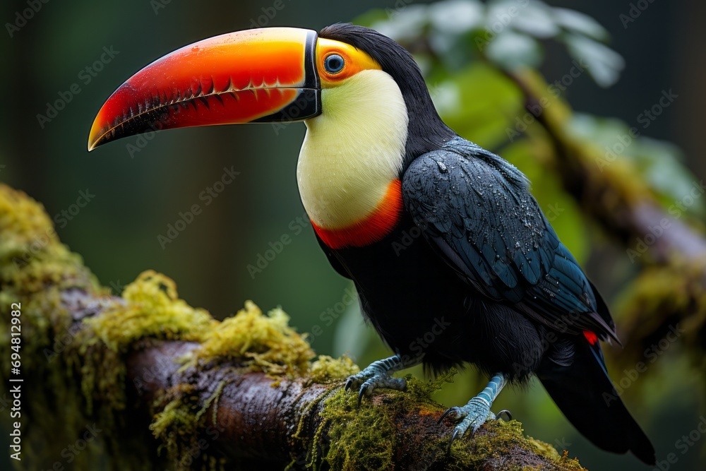 Obraz premium Colorful toucan perched on a tree branch, Generative AI