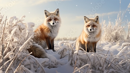 Red foxes in a lifelike 3D-rendered winter landscape, their fur and surroundings realistically textured.