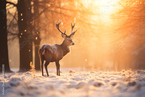 Red deer on snow ground in the forest with morning light background