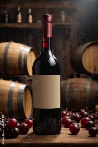 Close-up of a bottle of red wine and a glass with a drink against the background of wine barrels in the winery, storage.