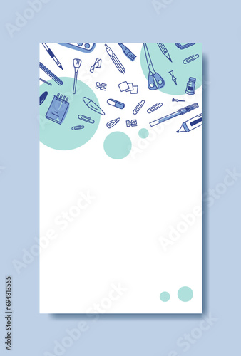 Vector template with stationery items. Design element. Education. Back to school. Brush, pen, pencil, eraser, scissors and other elements.