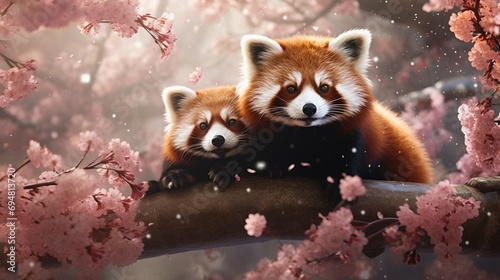 Red pandas frolicking among cherry blossoms in a beautifully crafted digital forest, showcasing their playful behavior.