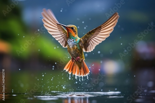 Spectacular Colibri bird flying off from the water