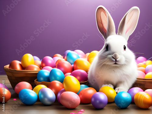 Happy Easter Bunny with many colorful easter eggs