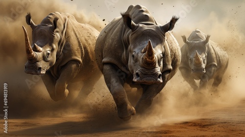 Rhinos kicking up dust as they charge across a realistic 3D-rendered plain, capturing the power and energy of these magnificent creatures. photo