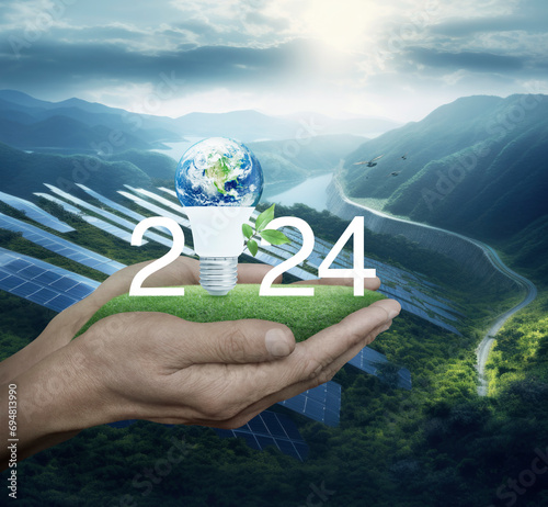 2024 and earth globe inside led light bulb with leaves on grass in hands over solar photovoltaics cell farm on mountain, Happy new year 2024 green ecology, Elements of this image furnished by NASA