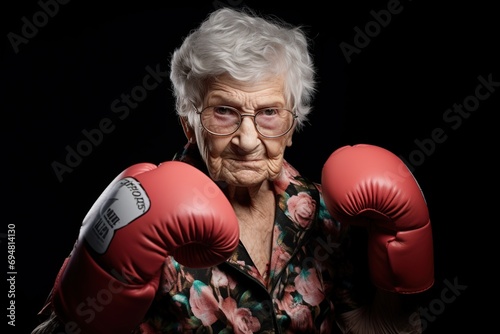 Tough old granny wearing boxing gloves © Boraryn