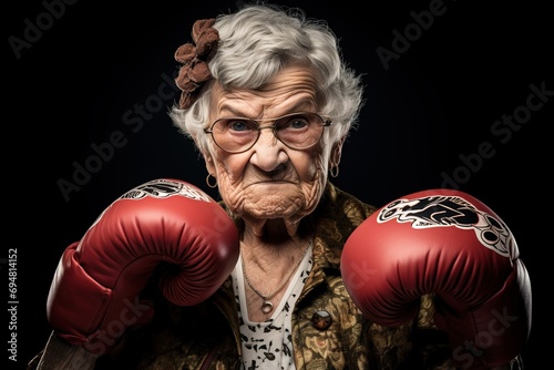 Tough old granny wearing boxing gloves © Boraryn