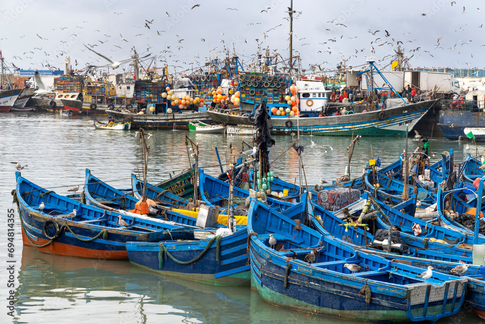 Morocco, Mogador, Marrakesh Safi region, Essaouira, Unesco World Heritage site, Colourful fishing boats in the old port Morocco, Mogador, Marrakesh Safi region, Essaouira, Unesco World Heritage site, Colourful fishing boats in the old port