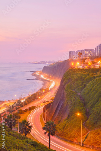 The Lima's 'Malecon' cliff at twilight, Miraflores, Lima, Peru. photo
