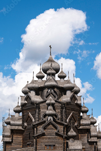 Wooden Church of Intercession (Pokrovskaya Church) with 25 domes, built in full accordance with the technologies of the 18th century, from wood without the use of nails, near Saint Petersburg, Russia photo