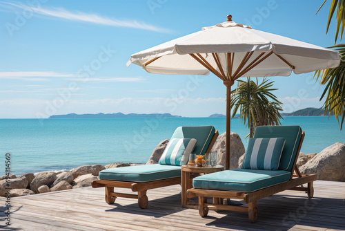 Two empty deck chairs on beach