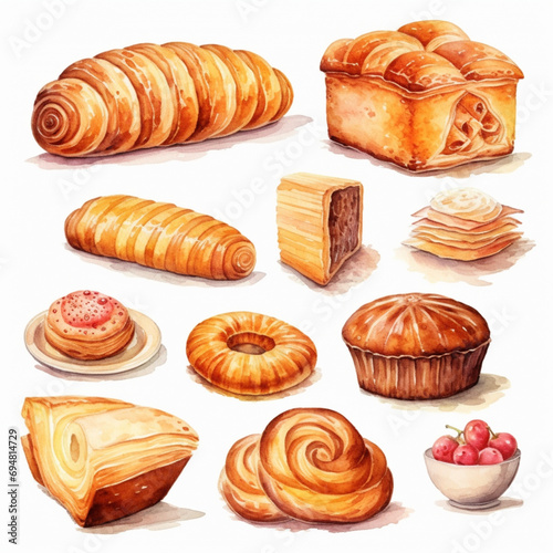 Bakery products set. Watercolor illustrations bakery set on watercolor paper isolated on white background. Food illustration.