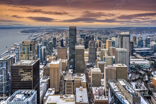 Aerial view of downtown skyline at sunset, Seattle, Washington, USA photo