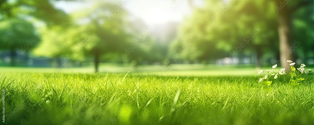 Sunlit meadow. Vibrant and refreshing image captures essence of nature in spring or summer. Lush green meadow serves as picturesque background radiating with beauty of outdoors