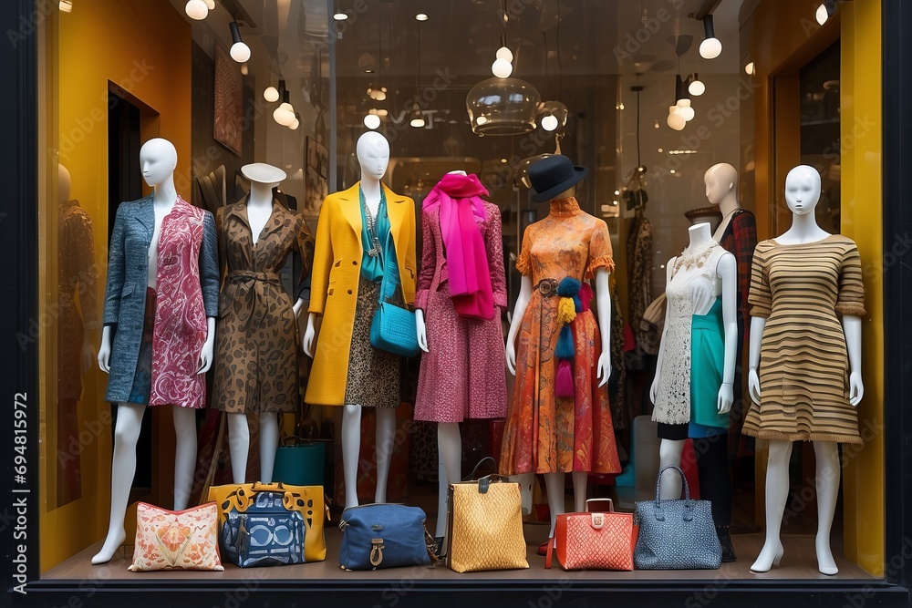 A beautiful bright multicolored showcase of a women's clothing store. White mannequins wearing different clothes, accessories, bags in the shop window. Shopping, interior designer concepts.